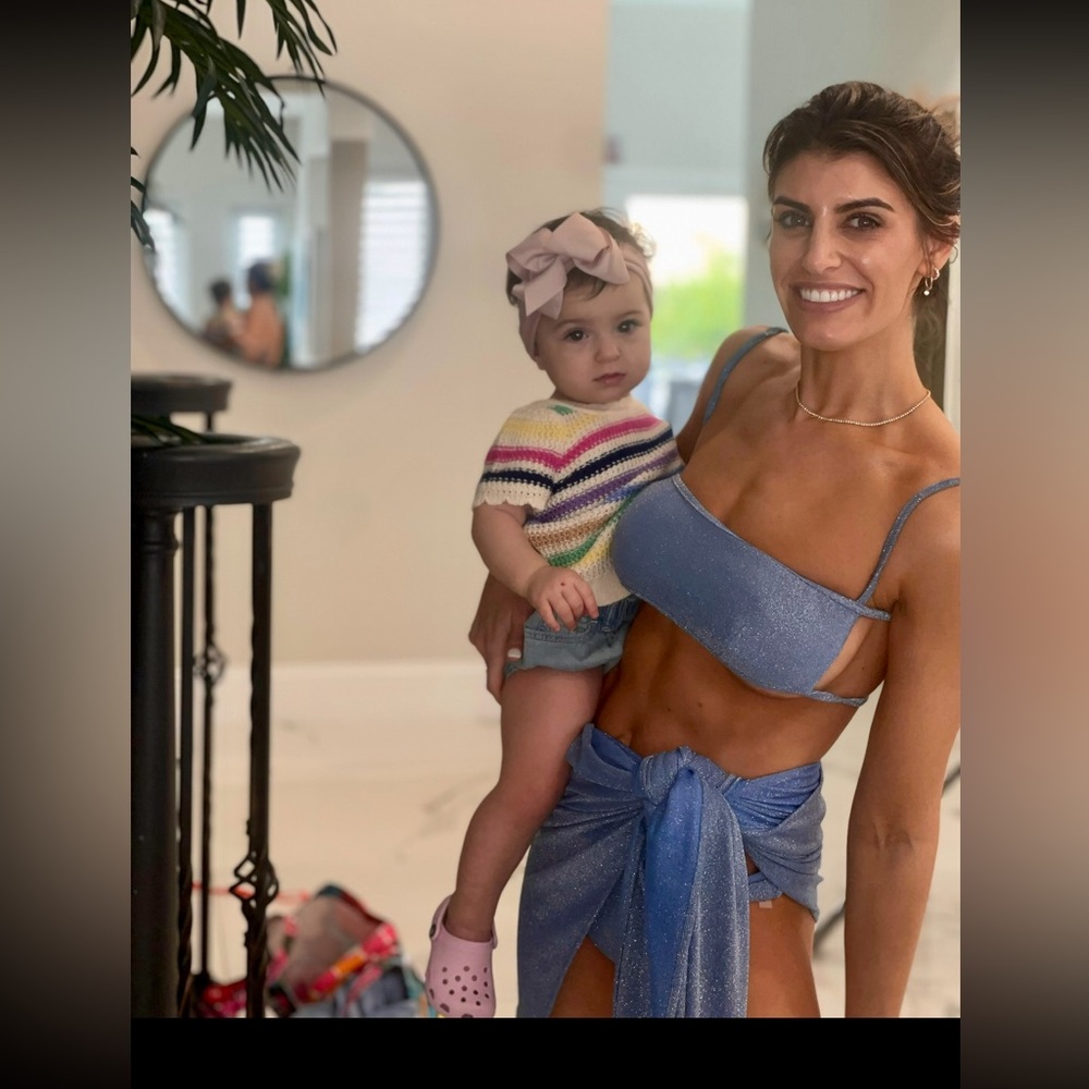 Frankie’s Blue Sparkle bikini and cover up skirt